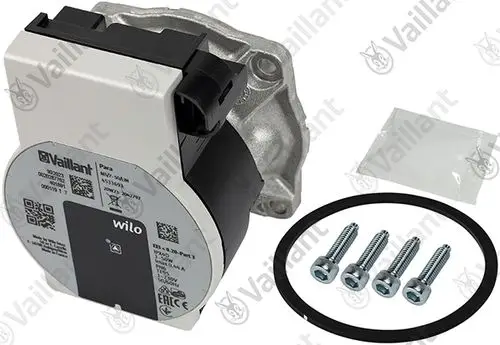 Vaillant Pumpenkopf mit Wilo-Motor, ergänzt durch vier Schrauben und eine Dichtung. Komponenten sind auf einem neutralen Hintergrund angeordnet.